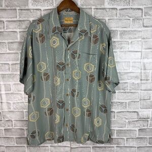 Tommy Bahama Dusty Green Bohemian Hippie Print Silk Button Up Camp Shirt Mens XL